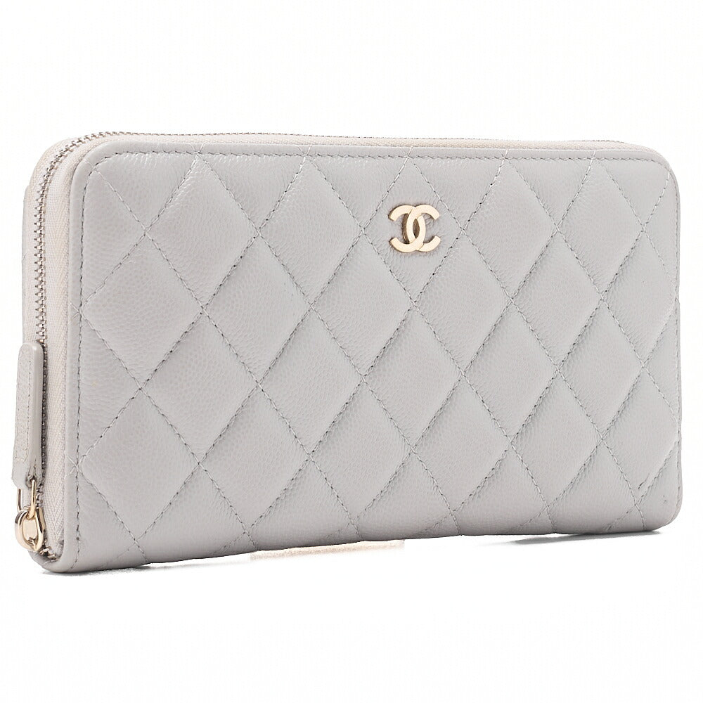 CHANEL Matelasse Round Long Wallet Caviar Skin Grey Gold-Tone Hardware, Pre-Owned