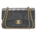 CHANEL Matelasse 23cm Double Flap Chain Shoulder Bag Lambskin Black Gold-Tone Hardware, Pre-Owned