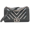 CHANEL Lambskin Boy Chanel V-Stitch Chain Shoulder Black Silver-Tone Hardware, Pre-Owned