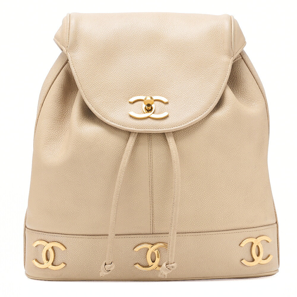 CHANEL Shoulder Backpack Triple Coco Turnlock Caviar Skin Beige Gold-Tone Hardware, Pre-Owned