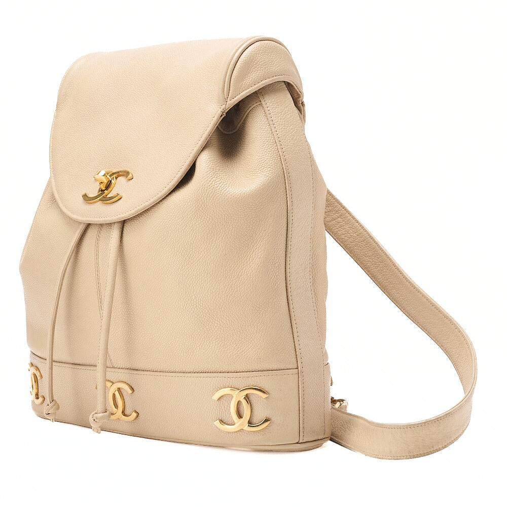 CHANEL Shoulder Backpack Triple Coco Turnlock Caviar Skin Beige Gold-Tone Hardware, Pre-Owned