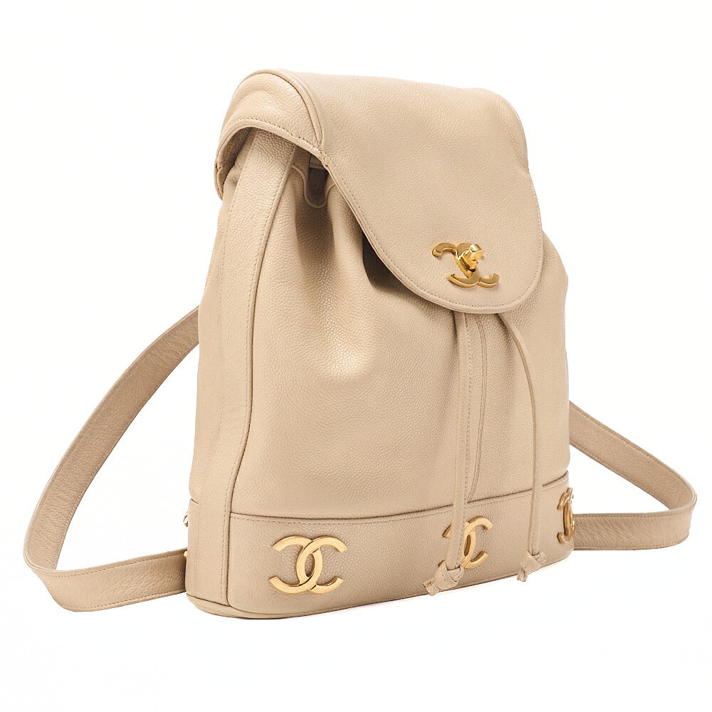 CHANEL Shoulder Backpack Triple Coco Turnlock Caviar Skin Beige Gold-Tone Hardware, Pre-Owned
