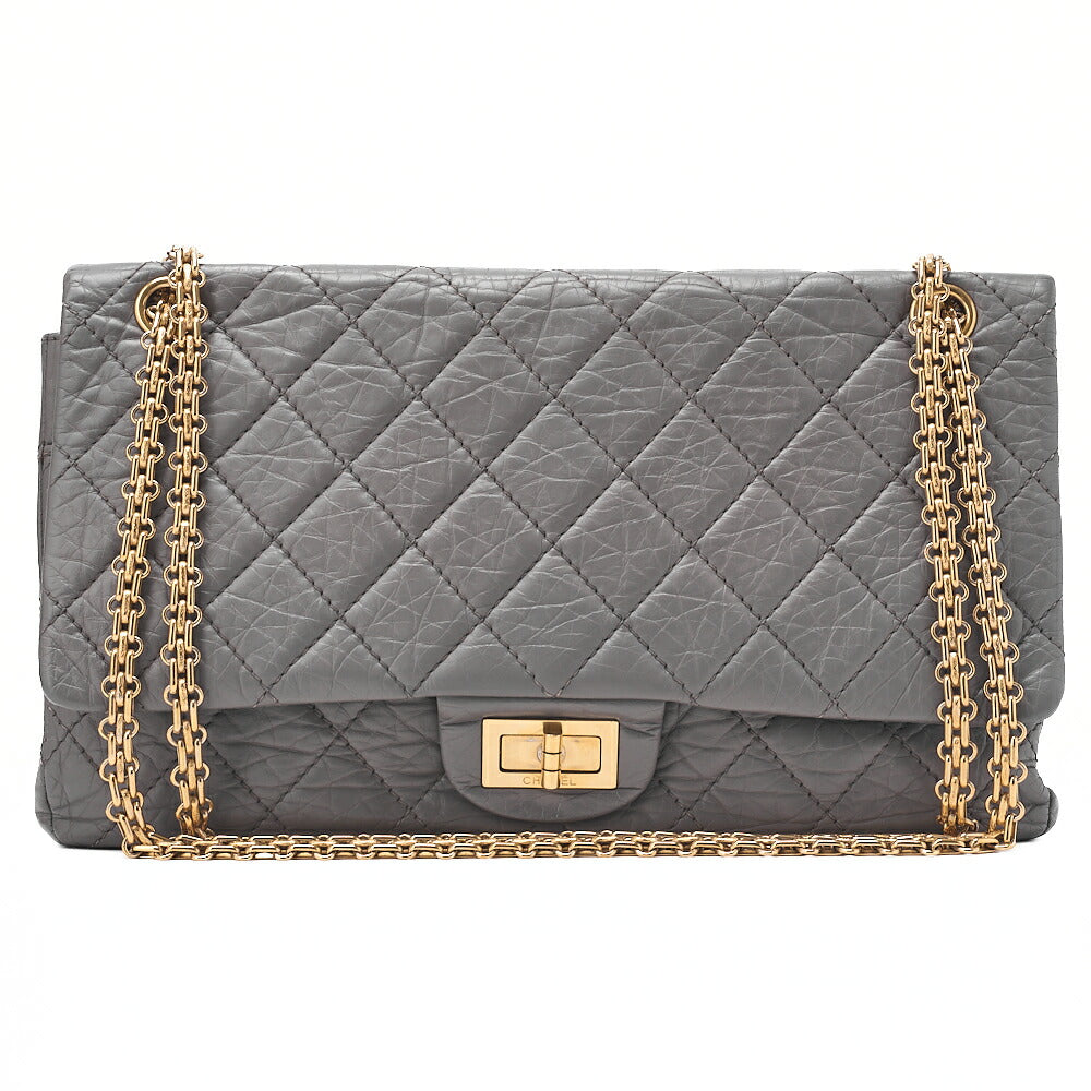 CHANEL Matelasse  2.55 Lock 2.55 Chain Shoulder Double Flap Vintage Calf Gray Large Size Gold-Tone Hardware, Pre-Owned