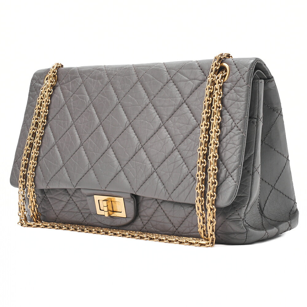 CHANEL Matelasse  2.55 Lock 2.55 Chain Shoulder Double Flap Vintage Calf Gray Large Size Gold-Tone Hardware, Pre-Owned