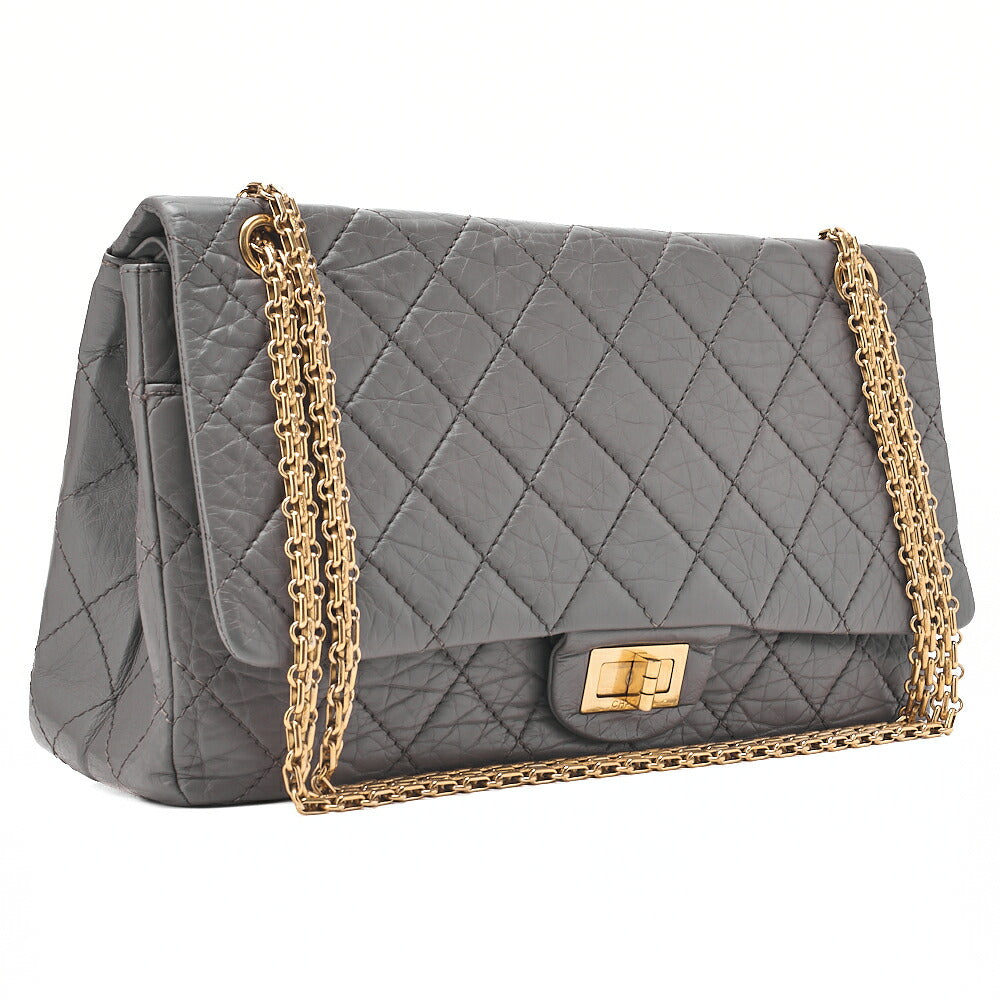 CHANEL Matelasse  2.55 Lock 2.55 Chain Shoulder Double Flap Vintage Calf Gray Large Size Gold-Tone Hardware, Pre-Owned