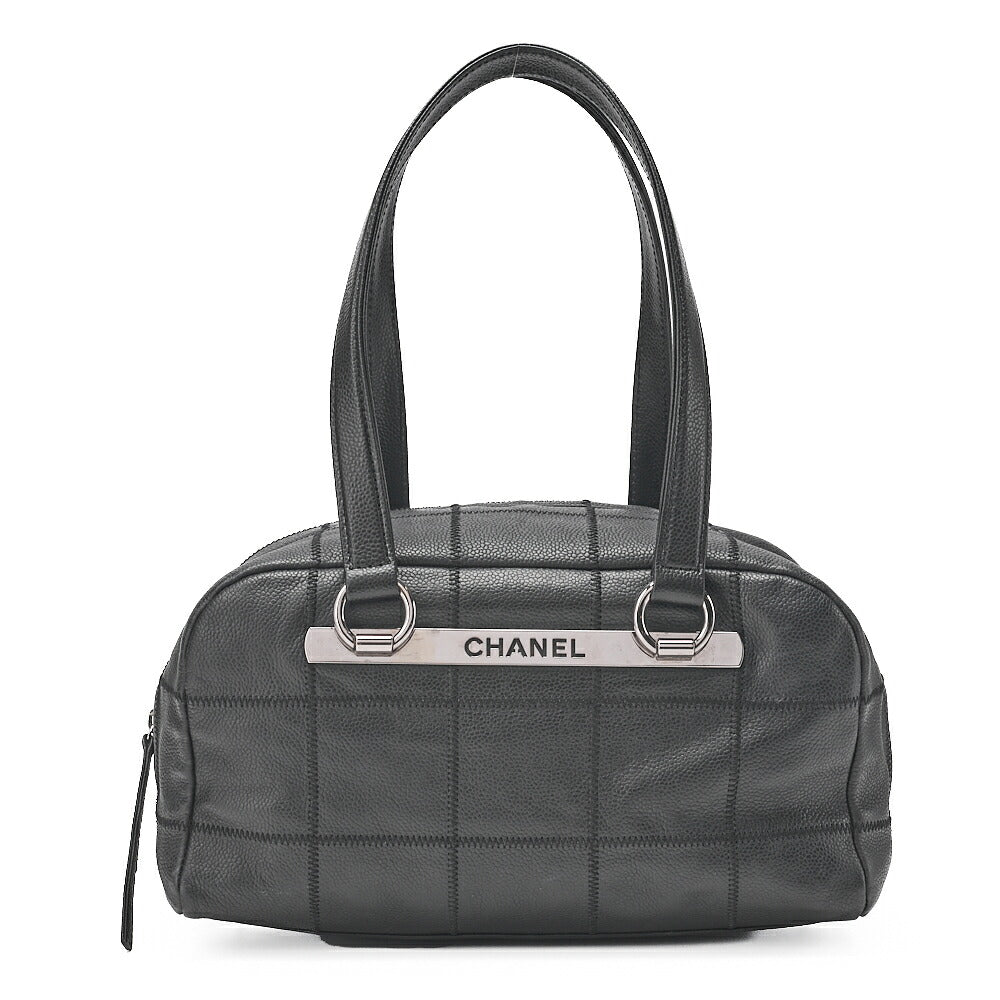 CHANEL Shoulder Bag Chocolate Bar Logo Caviar Skin Black Silver-Tone Hardware, Pre-Owned