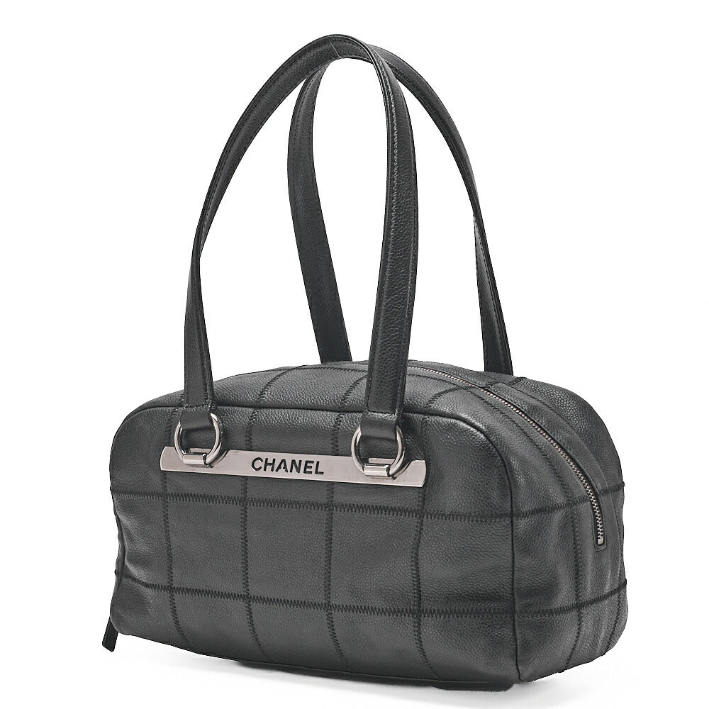 CHANEL Shoulder Bag Chocolate Bar Logo Caviar Skin Black Silver-Tone Hardware, Pre-Owned
