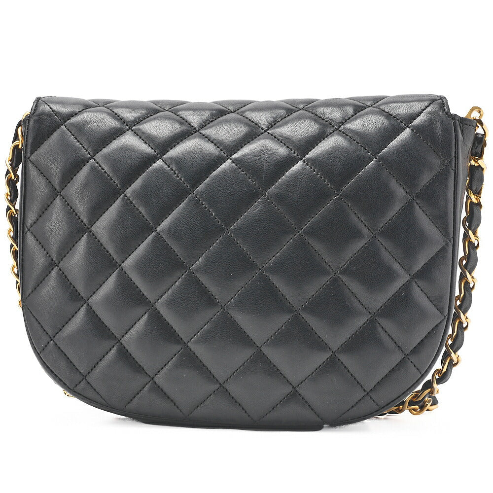 CHANEL Lambskin Matelasse Half Moon Push Lock Round Chain Shoulder Black Gold-Tone Hardware, Pre-Owned