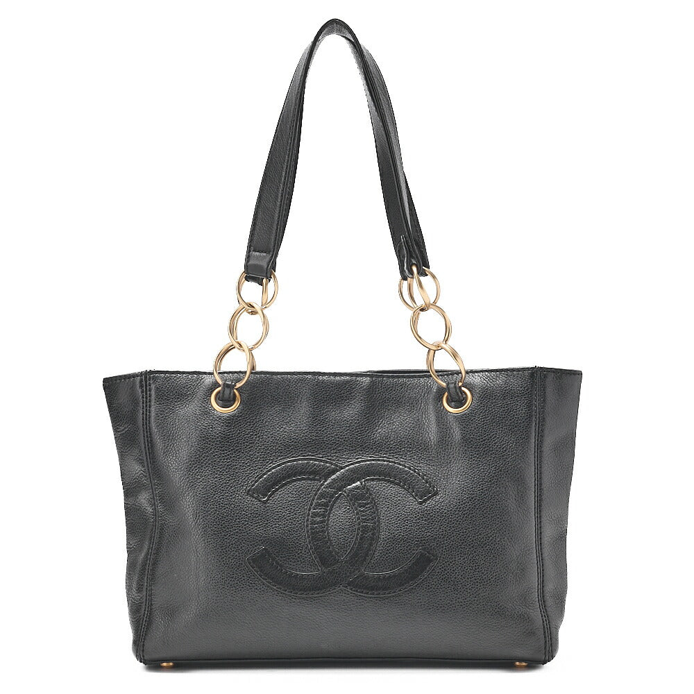 CHANEL Caviar Skin Coco Mark Chain Tote Bag Black Gold-Tone Hardware, Pre-Owned