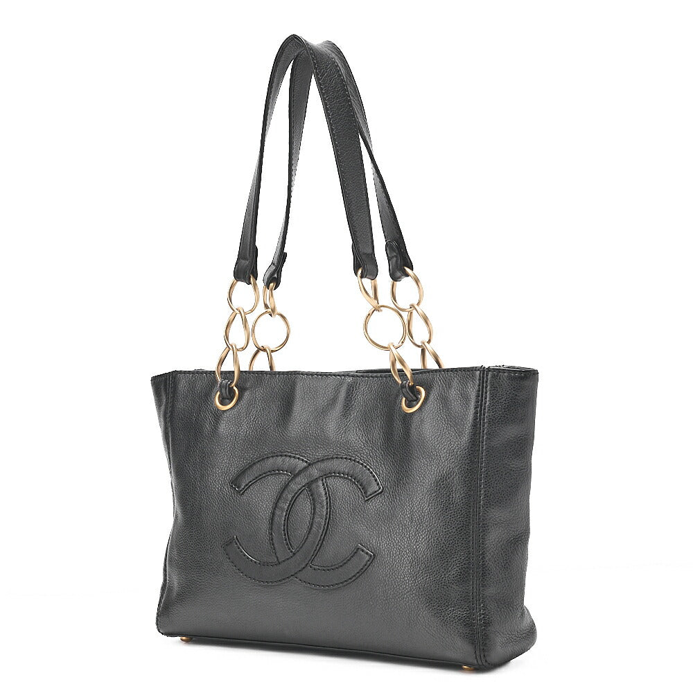CHANEL Caviar Skin Coco Mark Chain Tote Bag Black Gold-Tone Hardware, Pre-Owned