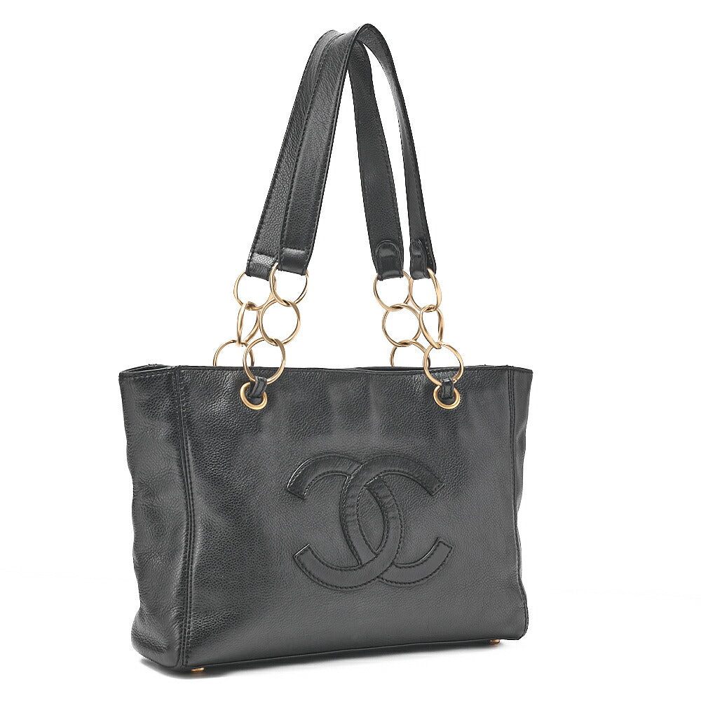 CHANEL Caviar Skin Coco Mark Chain Tote Bag Black Gold-Tone Hardware, Pre-Owned
