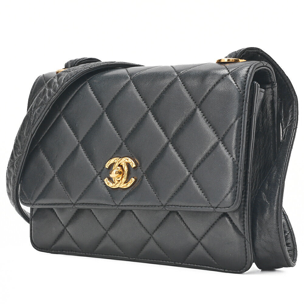 CHANEL Mini Matelasse Straight Flap Turnlock Shoulder Lambskin Black Gold-Tone Hardware, Pre-Owned