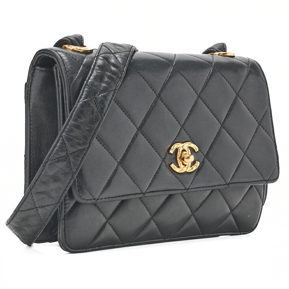 CHANEL Mini Matelasse Straight Flap Turnlock Shoulder Lambskin Black Gold-Tone Hardware, Pre-Owned