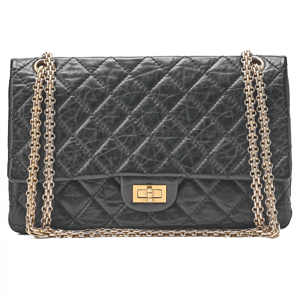 CHANEL 2.55 Chain Shoulder Bag Matelasse Bull Wrap Vintage Calf Black Gold-Tone Hardware, Pre-Owned