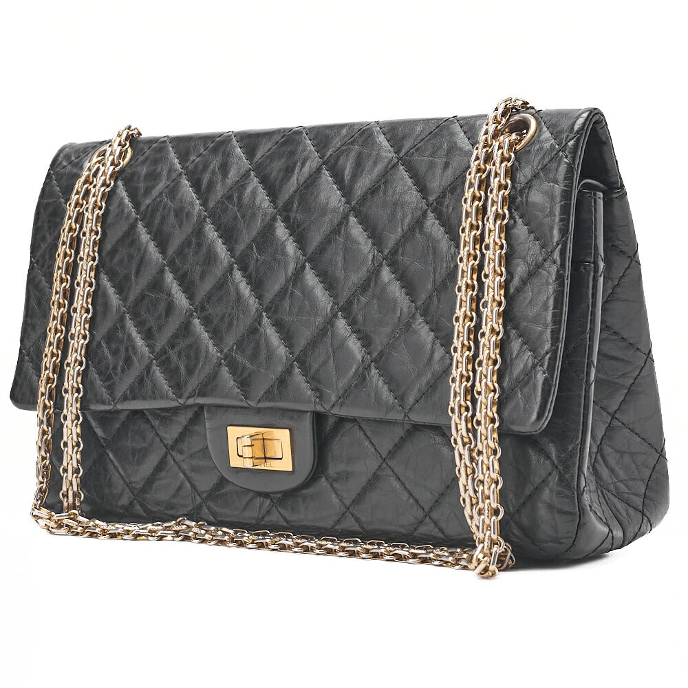 CHANEL 2.55 Chain Shoulder Bag Matelasse Bull Wrap Vintage Calf Black Gold-Tone Hardware, Pre-Owned