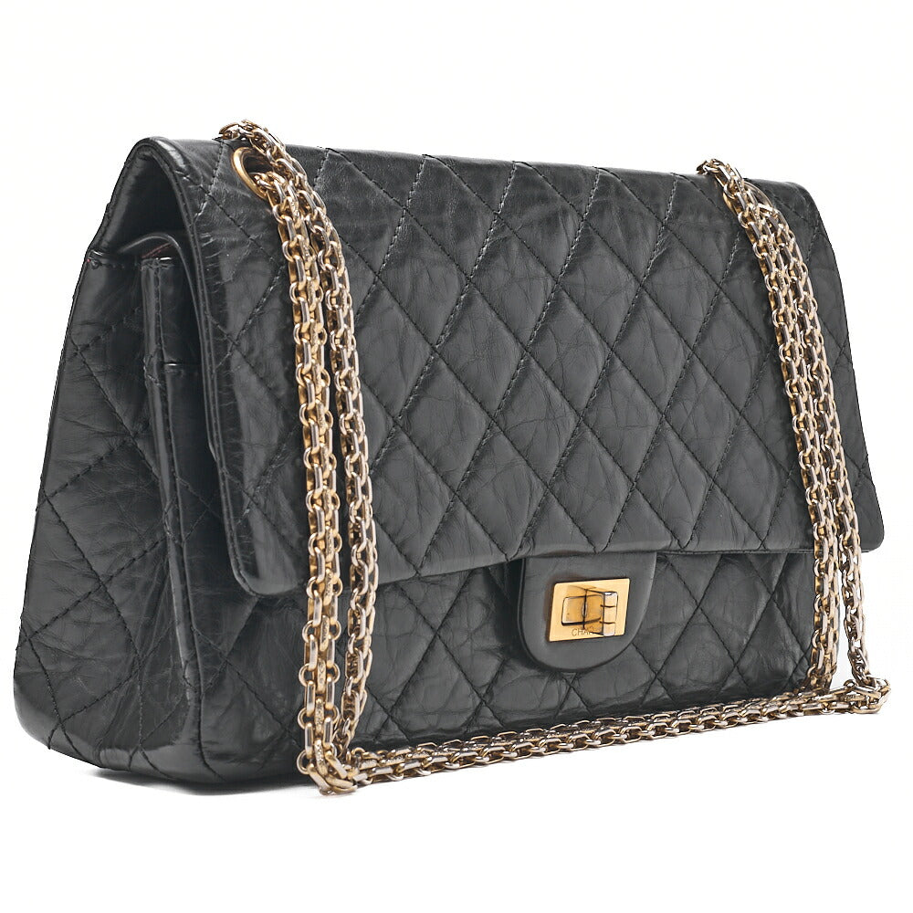 CHANEL 2.55 Chain Shoulder Bag Matelasse Bull Wrap Vintage Calf Black Gold-Tone Hardware, Pre-Owned