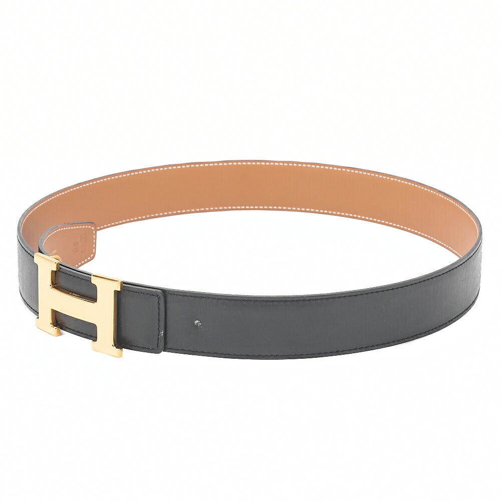 HERMES H Belt Belt 80 Box Calf Black x Gold Gold-Tone Hardware, Pre-Owned