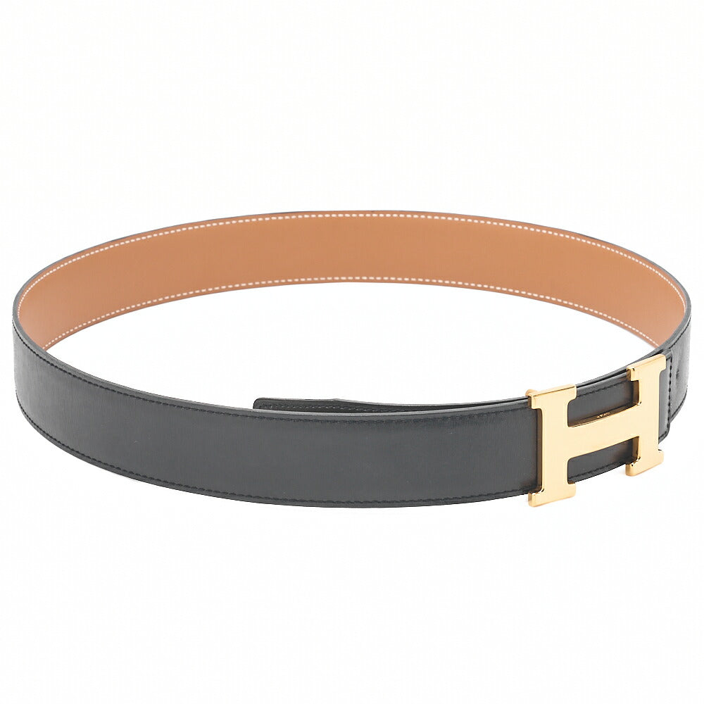 HERMES H Belt Belt 80 Box Calf Black x Gold Gold-Tone Hardware, Pre-Owned