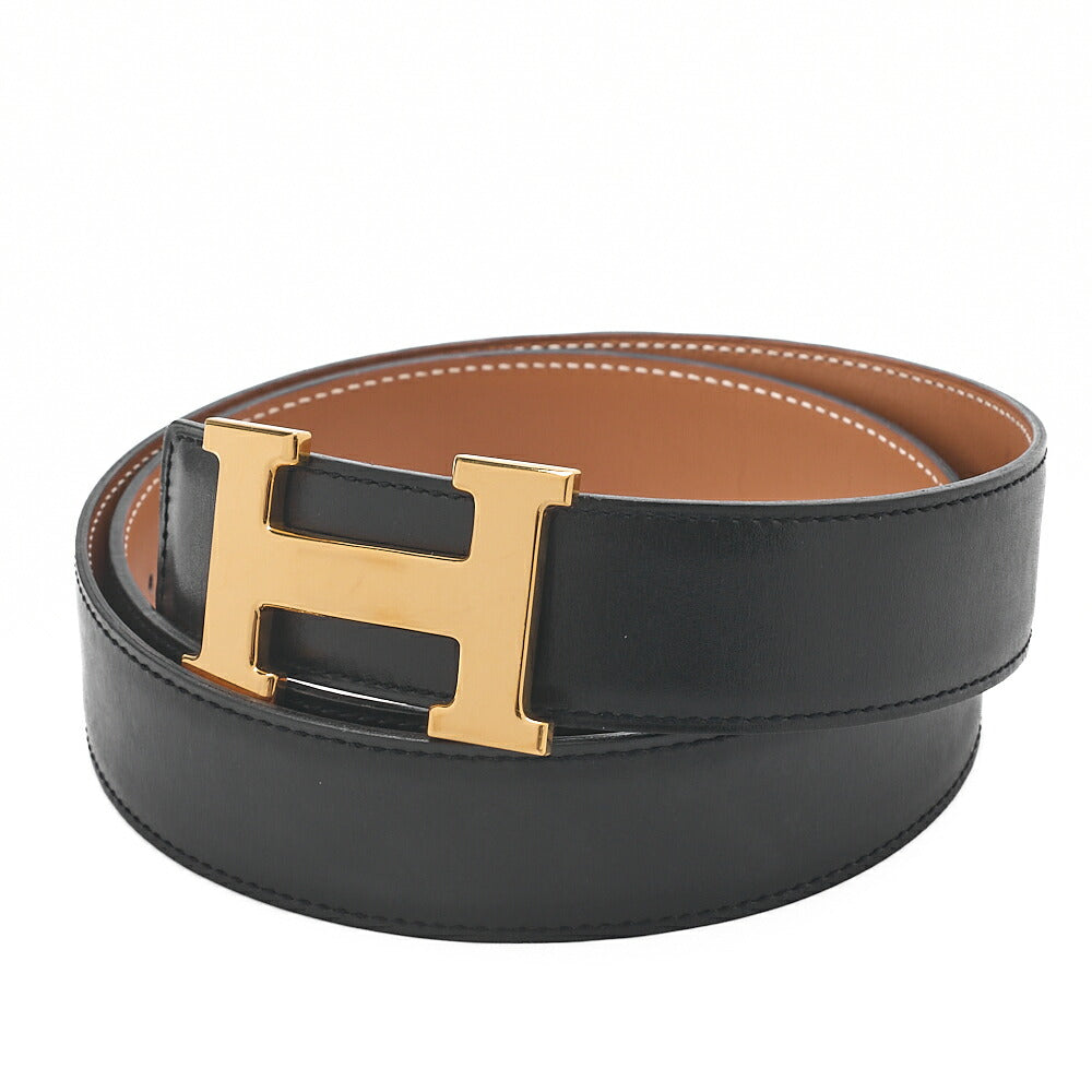 HERMES H Belt Belt 80 Box Calf Black x Gold Gold-Tone Hardware, Pre-Owned