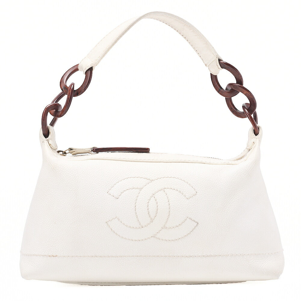 CHANEL Coco Mark Wood Pattern with Charm One Shoulder Bag Caviar Skin White Gold-Tone Hardware, Pre-Owned