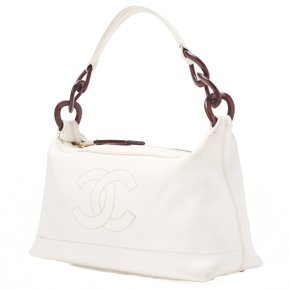 CHANEL Coco Mark Wood Pattern with Charm One Shoulder Bag Caviar Skin White Gold-Tone Hardware, Pre-Owned