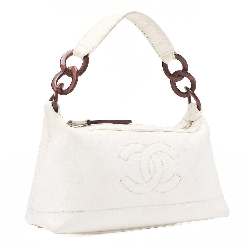 CHANEL Coco Mark Wood Pattern with Charm One Shoulder Bag Caviar Skin White Gold-Tone Hardware, Pre-Owned