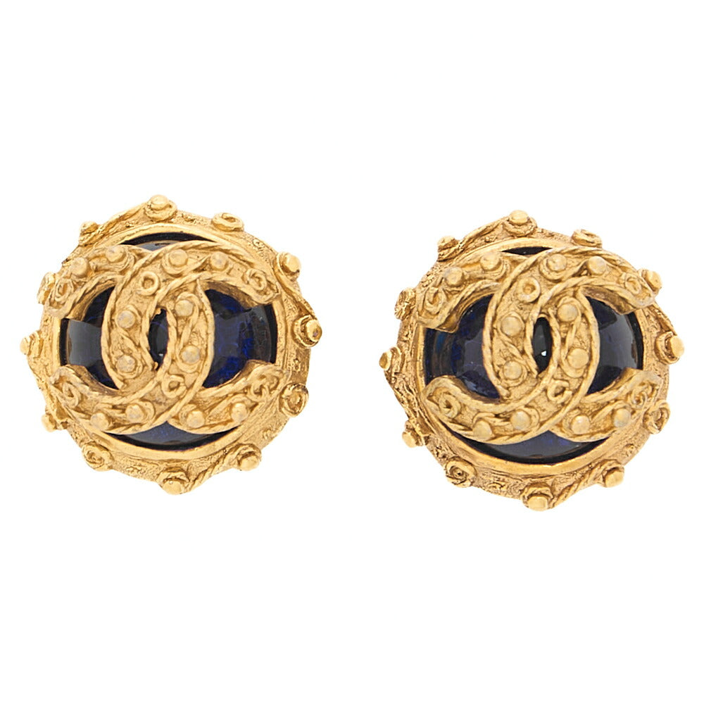 CHANEL Cocomark Earrings 94A Colorstone  x GP Navy Gold-Tone Hardware, Pre-Owned