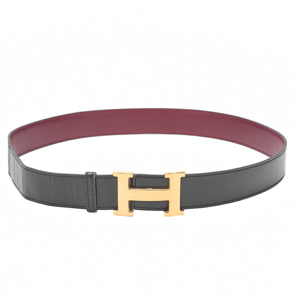 HERMES H Belt Belt 80 Box Calf Black x Rouge (Gold-Tone Hardware, Pre-Owned