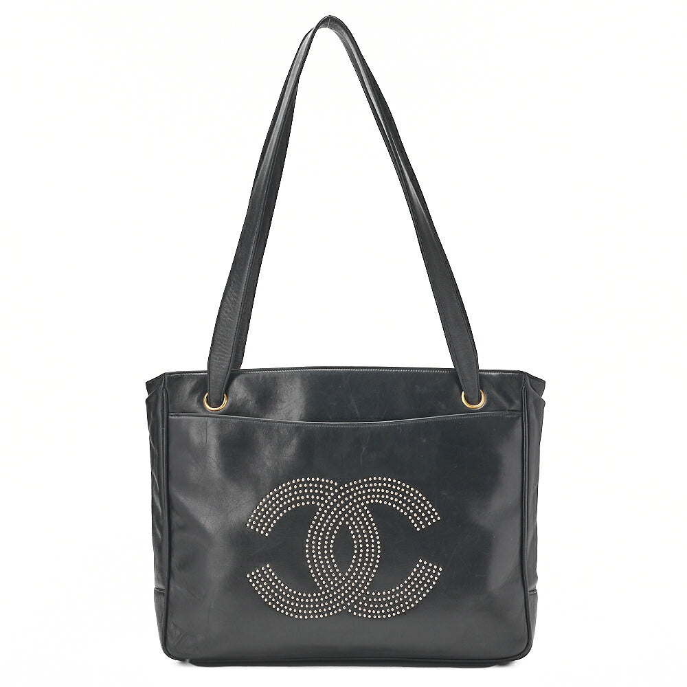 CHANEL Big Coco Mark Studded Tote Bag Lambskin Black Gold-Tone Hardware, Pre-Owned