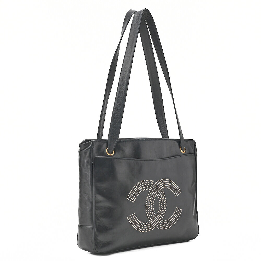 CHANEL Big Coco Mark Studded Tote Bag Lambskin Black Gold-Tone Hardware, Pre-Owned