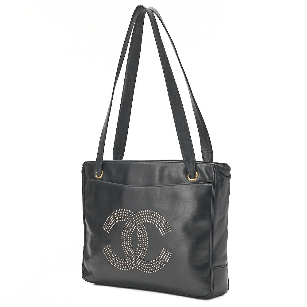 CHANEL Big Coco Mark Studded Tote Bag Lambskin Black Gold-Tone Hardware, Pre-Owned