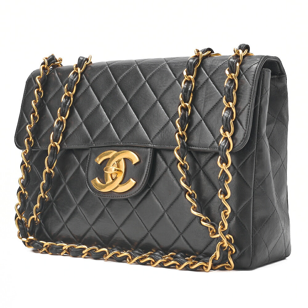 CHANEL Chain Shoulder Bag Coco Mark Deca Matelasse 30cm Single Flap Lambskin Black Gold-Tone Hardware, Pre-Owned