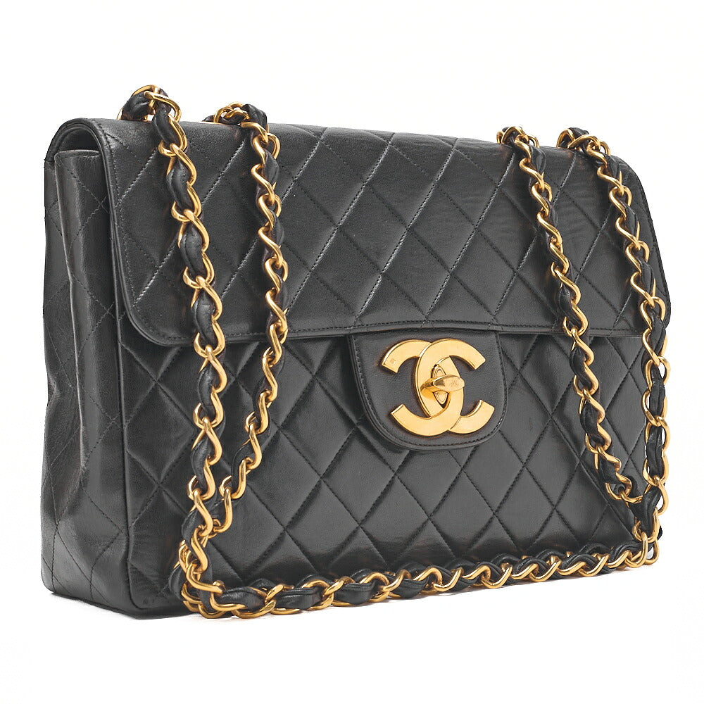 CHANEL Chain Shoulder Bag Coco Mark Deca Matelasse 30cm Single Flap Lambskin Black Gold-Tone Hardware, Pre-Owned