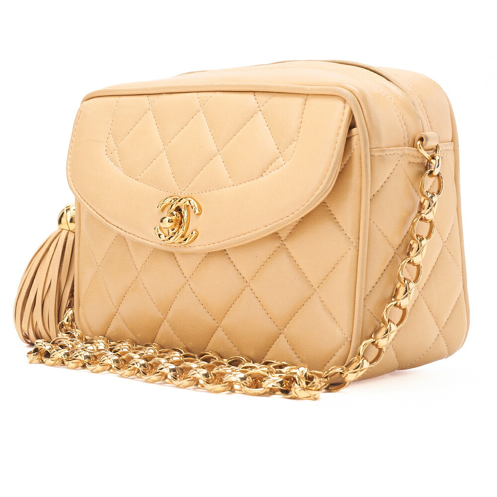 CHANEL Matelasse Coco Mark with Fringe Bijou Chain Shoulder Lambskin Beige Gold-Tone Hardware, Pre-Owned