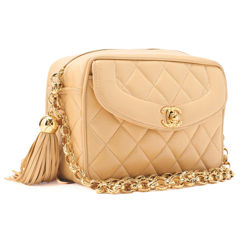 CHANEL Matelasse Coco Mark with Fringe Bijou Chain Shoulder Lambskin Beige Gold-Tone Hardware, Pre-Owned
