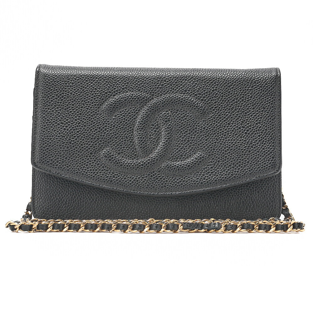 CHANEL Chain Shoulder Bag Cocomark Chain Wallet Caviar Skin Black Gold-Tone Hardware, Pre-Owned