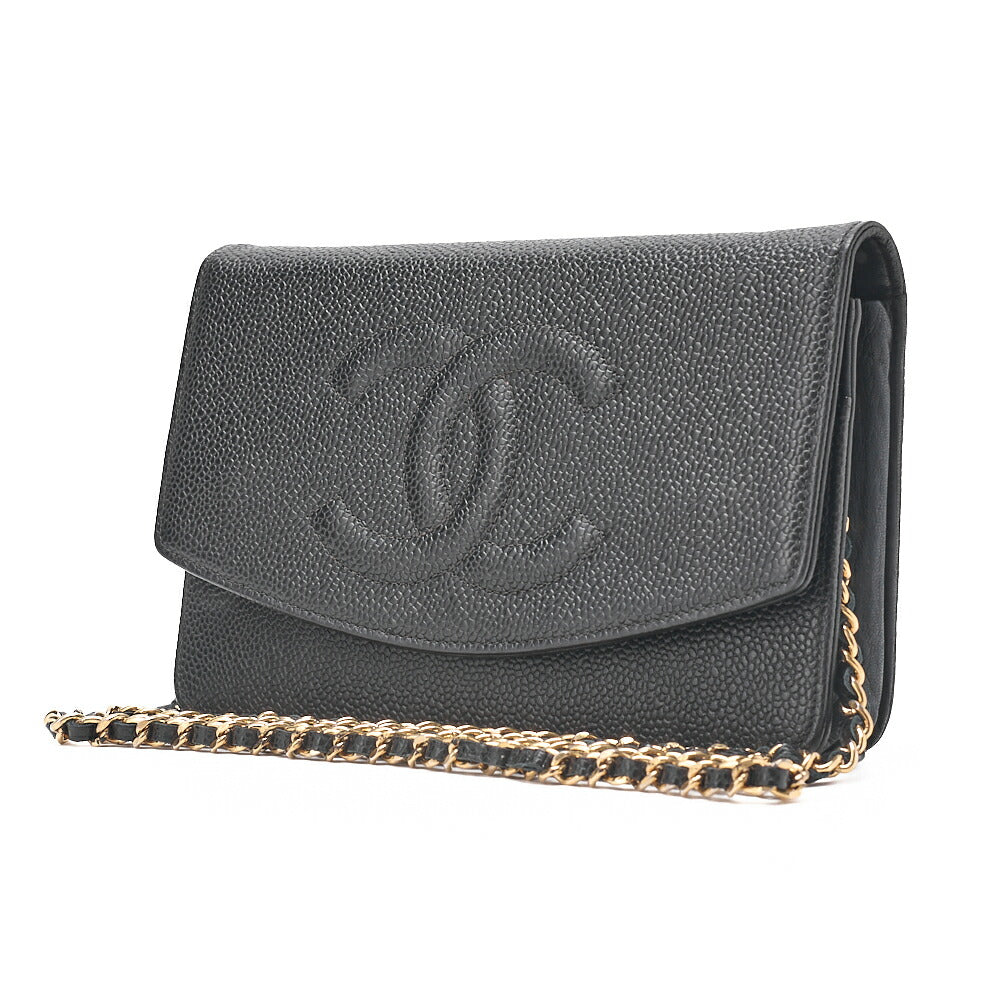 CHANEL Chain Shoulder Bag Cocomark Chain Wallet Caviar Skin Black Gold-Tone Hardware, Pre-Owned
