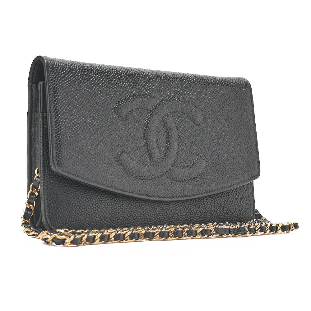 CHANEL Chain Shoulder Bag Cocomark Chain Wallet Caviar Skin Black Gold-Tone Hardware, Pre-Owned