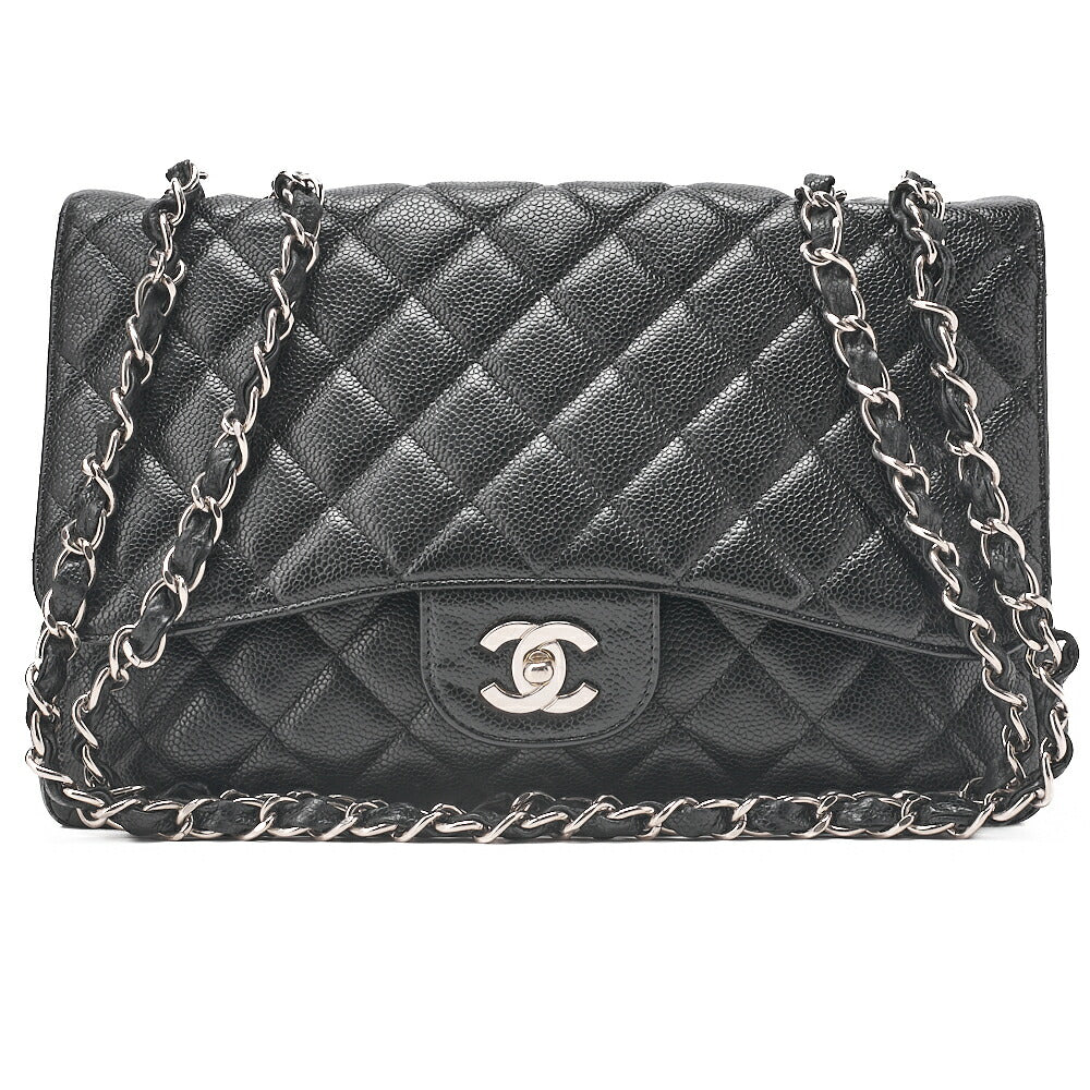 CHANEL Caviar Skin Deca Matelasse 30cm Single Flap Chain Shoulder Bag Black Silver-Tone Hardware, Pre-Owned