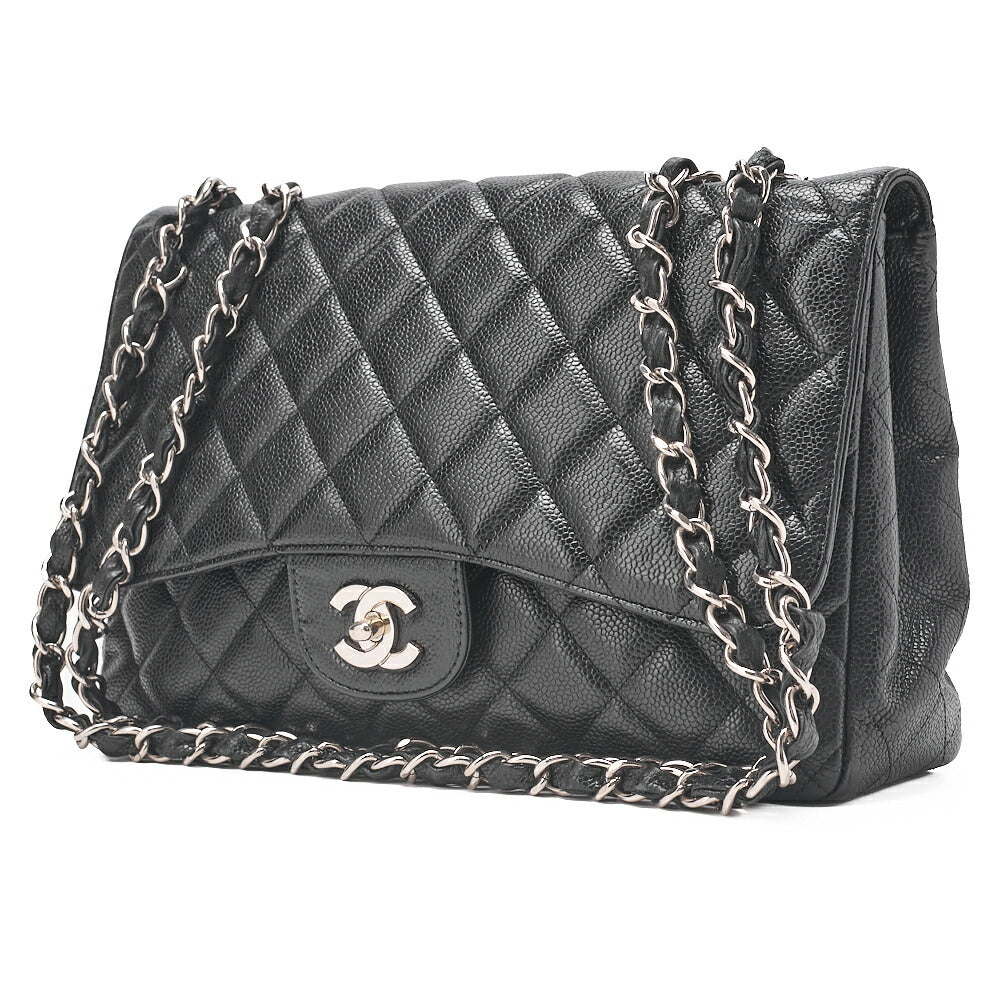 CHANEL Caviar Skin Deca Matelasse 30cm Single Flap Chain Shoulder Bag Black Silver-Tone Hardware, Pre-Owned