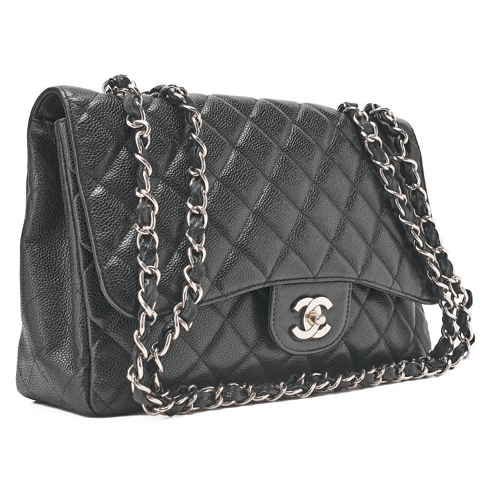 CHANEL Caviar Skin Deca Matelasse 30cm Single Flap Chain Shoulder Bag Black Silver-Tone Hardware, Pre-Owned