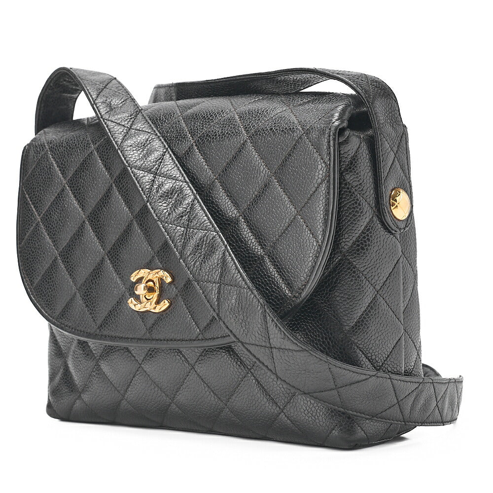 CHANEL Matelasse Round Flap Turnlock Shoulder Caviar Skin Black Gold-Tone Hardware, Pre-Owned