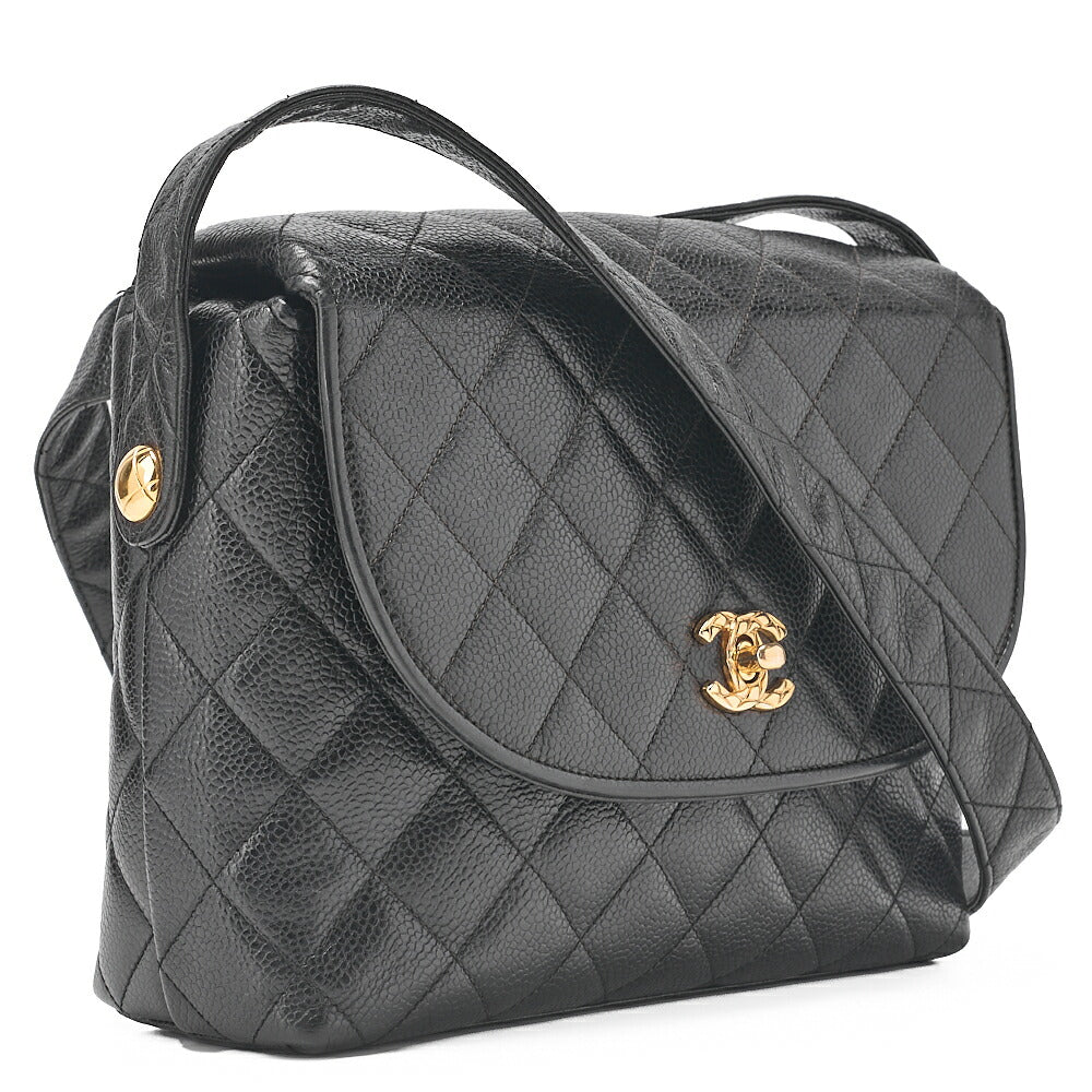 CHANEL Matelasse Round Flap Turnlock Shoulder Caviar Skin Black Gold-Tone Hardware, Pre-Owned
