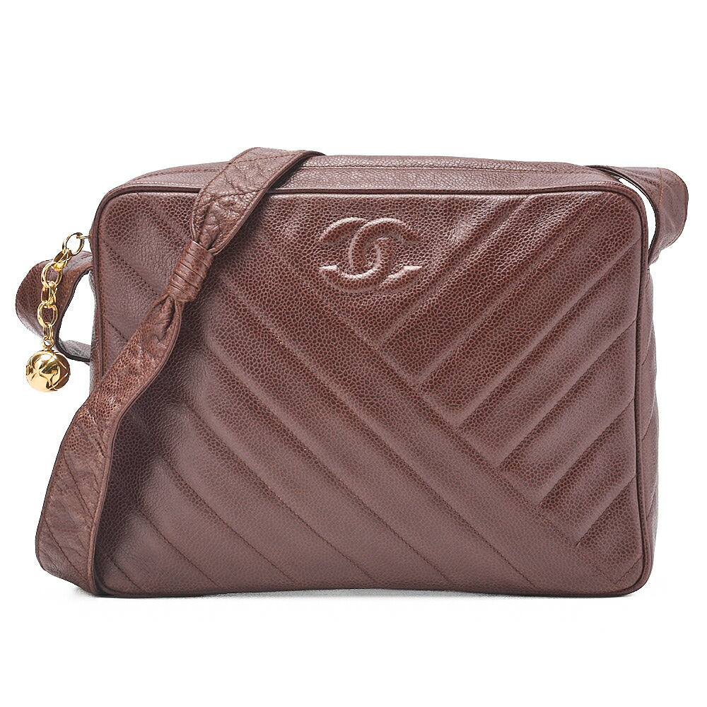 CHANEL Caviar Skin Coco Mark Ball Charm Diagonal Stitch Chain Shoulder Brown Gold-Tone Hardware, Pre-Owned