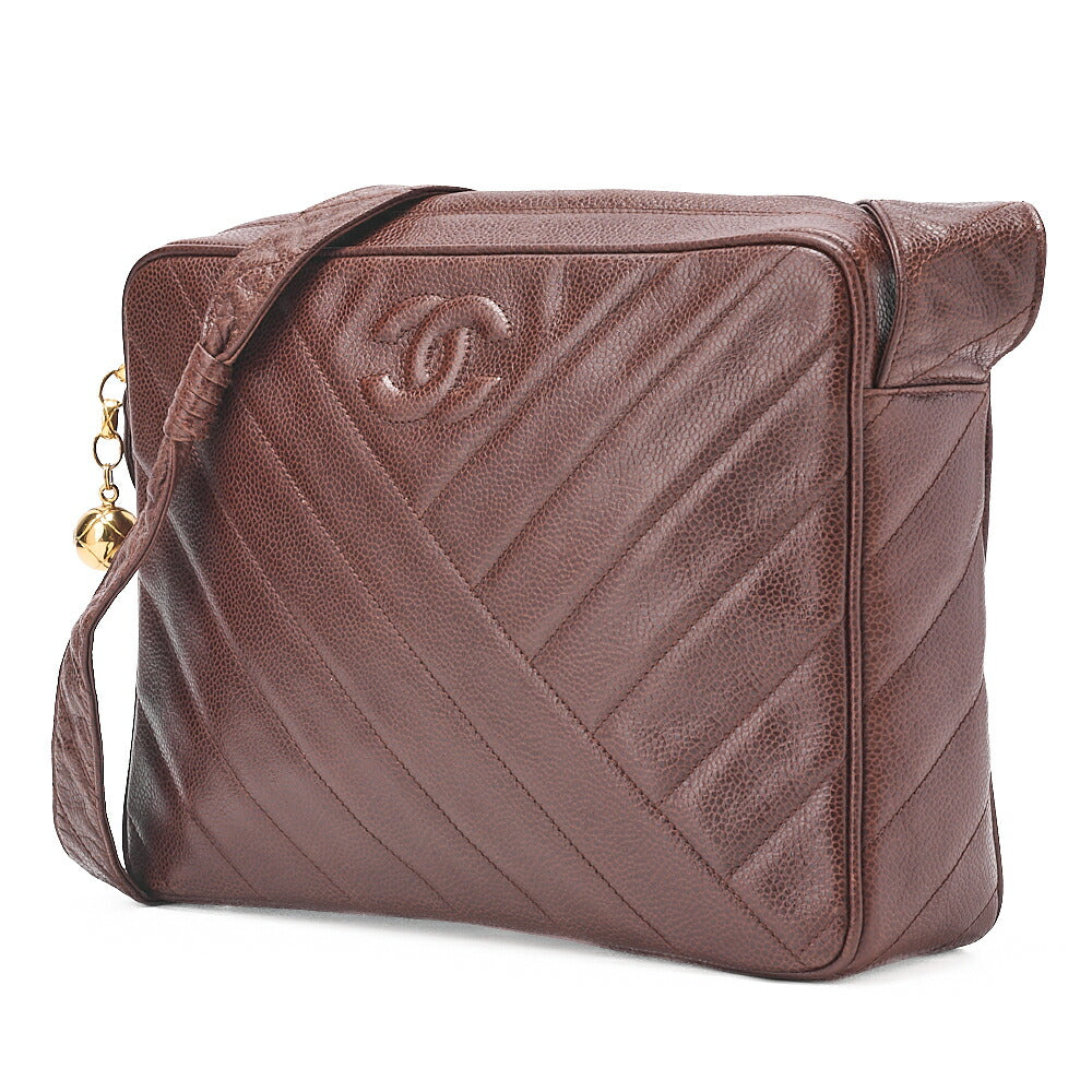 CHANEL Caviar Skin Coco Mark Ball Charm Diagonal Stitch Chain Shoulder Brown Gold-Tone Hardware, Pre-Owned