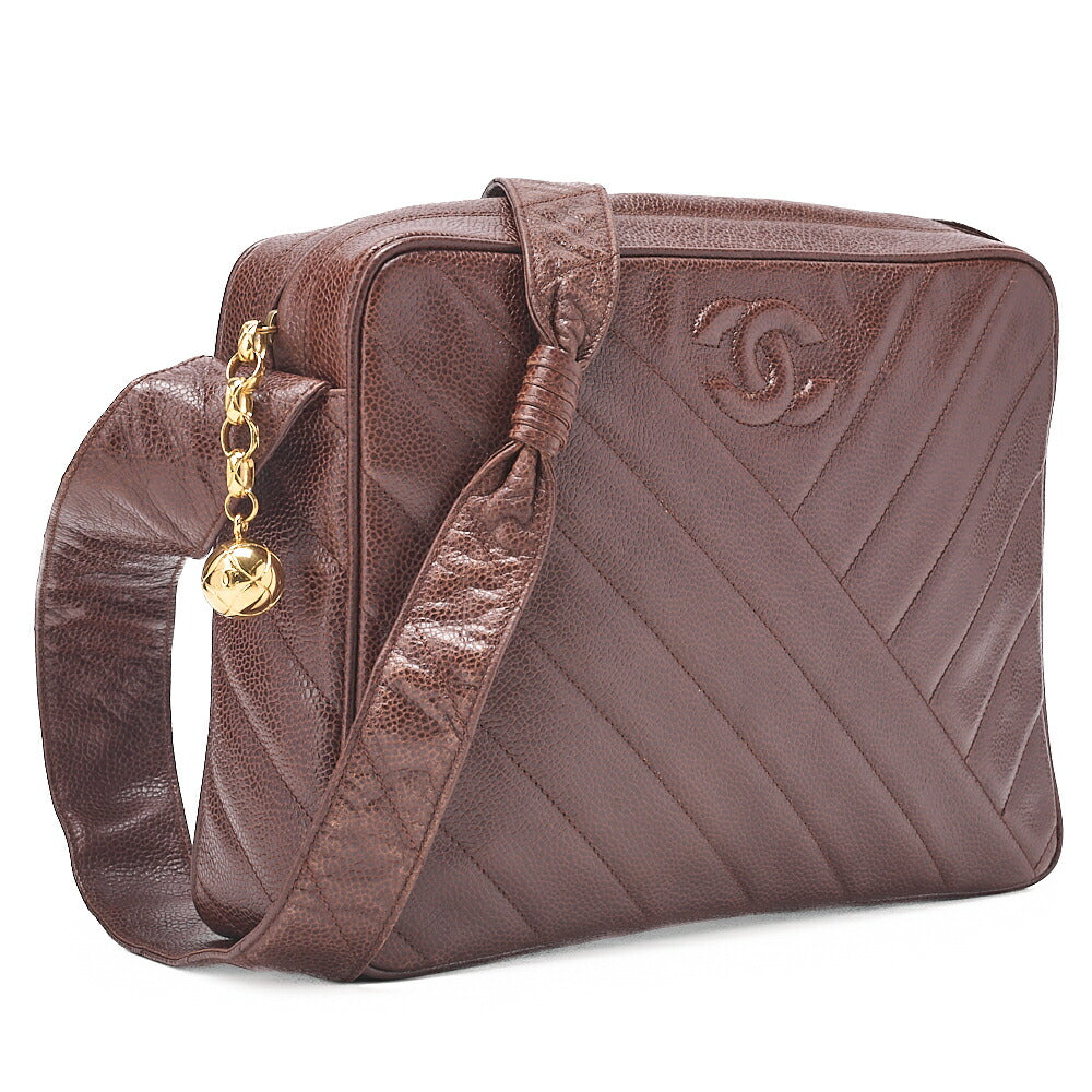 CHANEL Caviar Skin Coco Mark Ball Charm Diagonal Stitch Chain Shoulder Brown Gold-Tone Hardware, Pre-Owned
