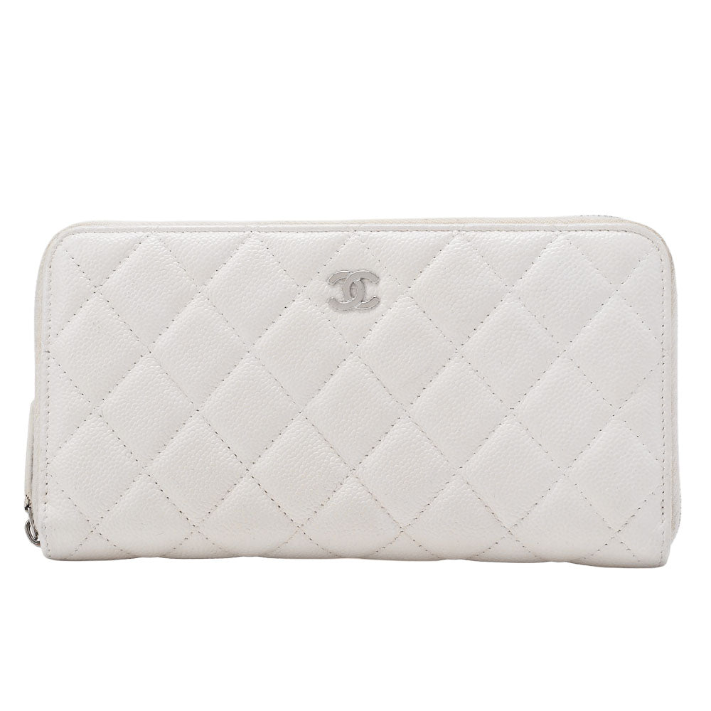 CHANEL Matlasse Round Long Wallet Caviar Skin White Silver-Tone Hardware, Pre-Owned