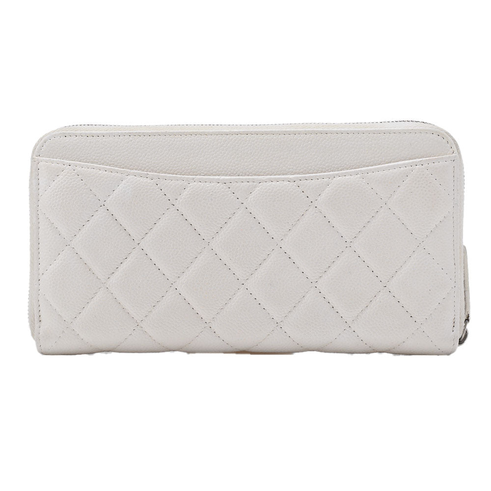 CHANEL Matlasse Round Long Wallet Caviar Skin White Silver-Tone Hardware, Pre-Owned
