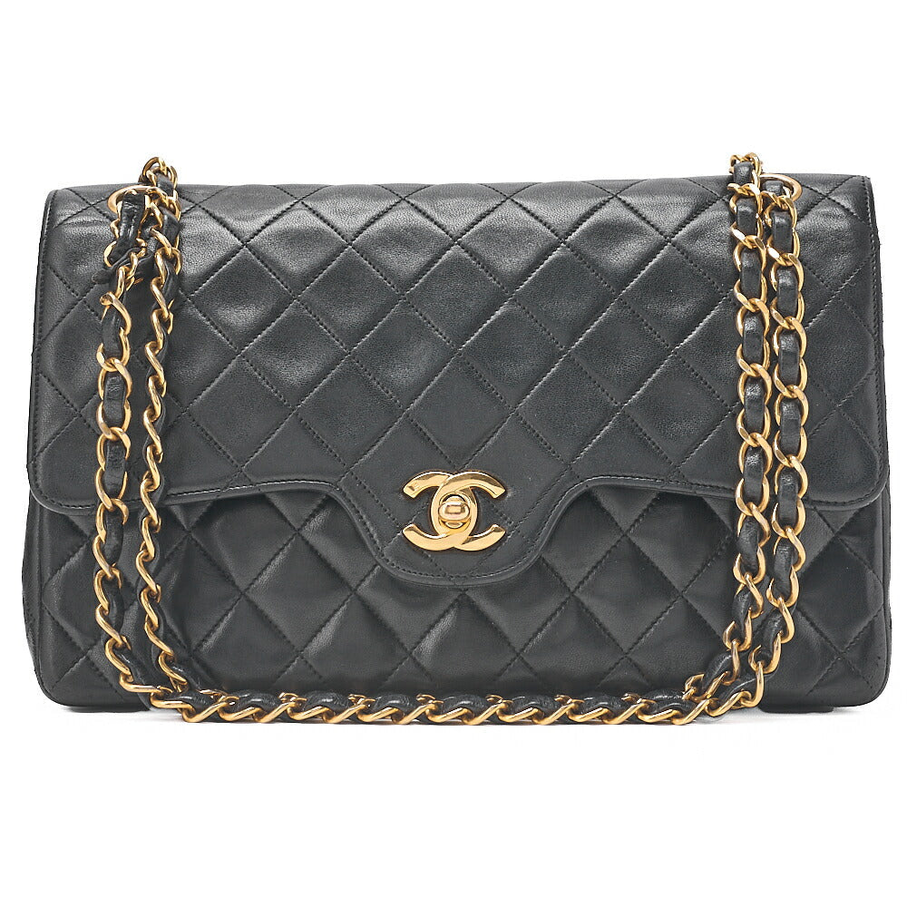 CHANEL Matelasse Wave Flap Double Flap 25cm Chain Shoulder Lambskin Black Gold-Tone Hardware, Pre-Owned