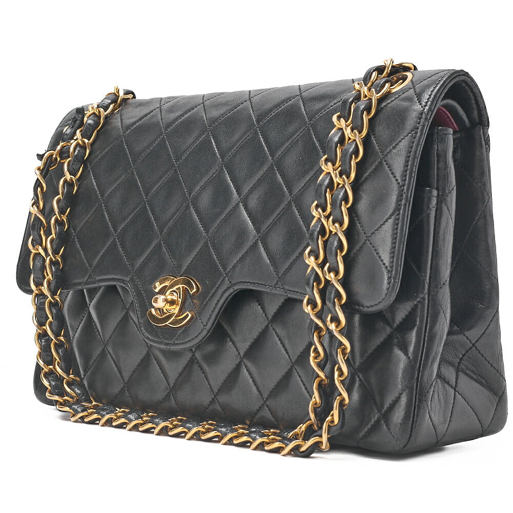 CHANEL Matelasse Wave Flap Double Flap 25cm Chain Shoulder Lambskin Black Gold-Tone Hardware, Pre-Owned